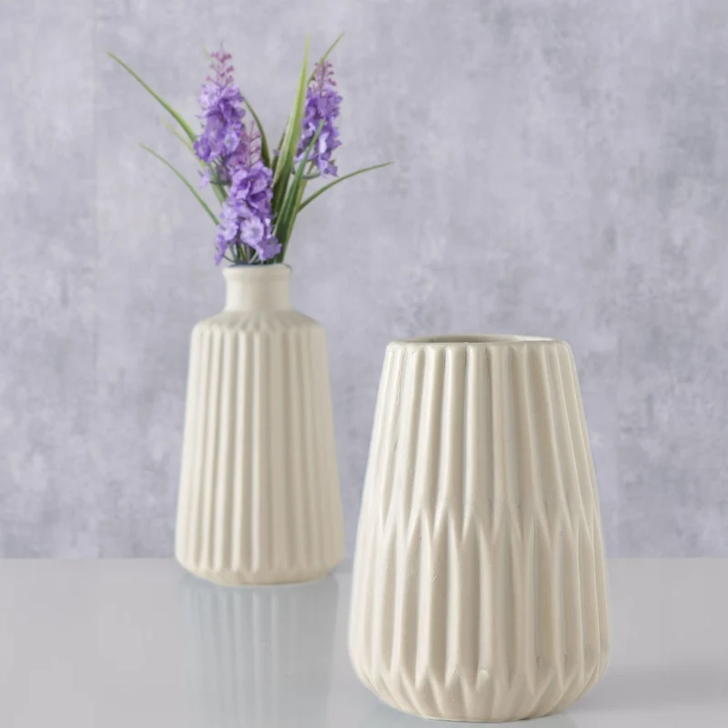 Nordic Blumen-Vase Oslo 2´er Set Creme Beige Keramik Tisch-Vase Pampasgras