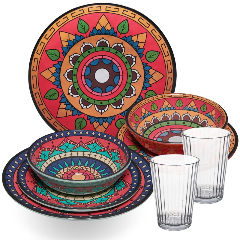 Melamin Geschirr Set Toskana Deep für 2 Personen - 8 Teile - Rot-Grün - Mandala-Optik mit klaren Trinkgläsern 580 ml Campinggeschirr