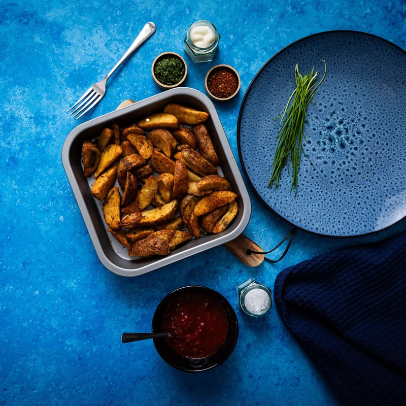 Air Fryer Form 2 Stück 21x21x3,5 cm quadratische Backform für die Heissluftfriteuse - Zubehör klein eckig Einsatz Stahlblech antihaftbeschichtet bis 230°C Backform