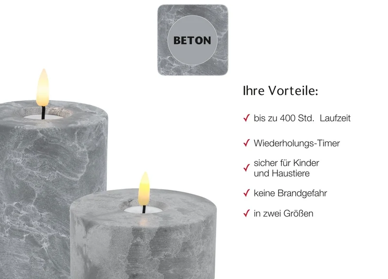 LED 3D Stumpenkerze Grau 10x8cm Beton-Optik Timer flackernde flammenlose Kerze