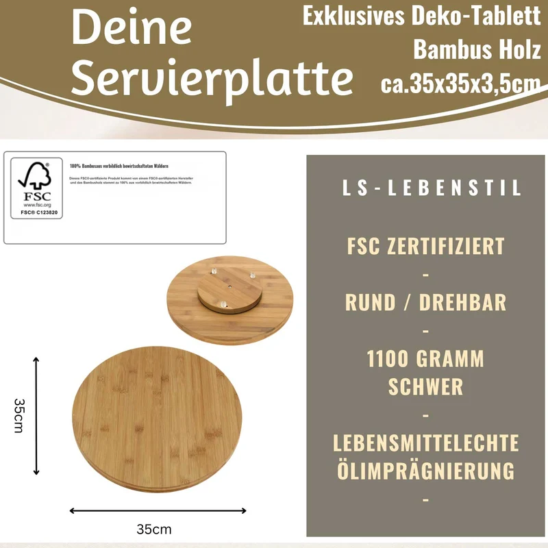 XL Holz Servierplatte Drehteller 35cm Bambus drehbar Drehtablett Drehplatte