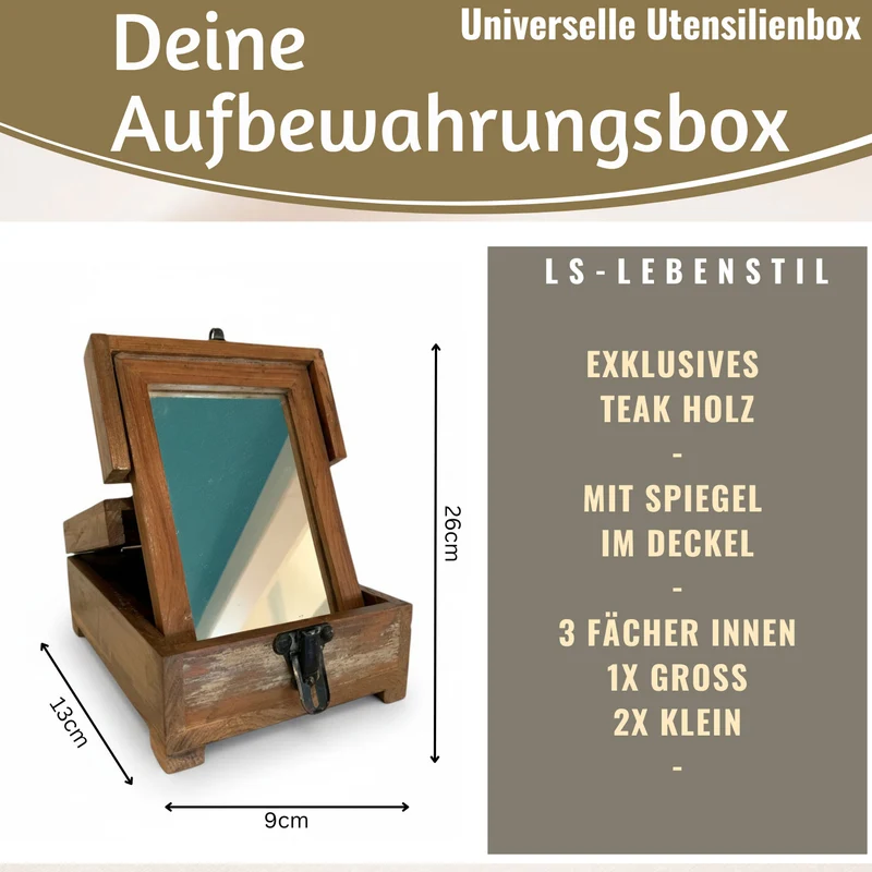 Barber Utensilienbox Teak Holz 22x13cm Rasierbox Schmuckschatulle Schminkbox