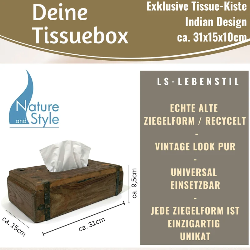 Original Holz Ziegelform 31x15cm Recycelt Tissuebox Kosmetiktuch-Spender Taschentuch