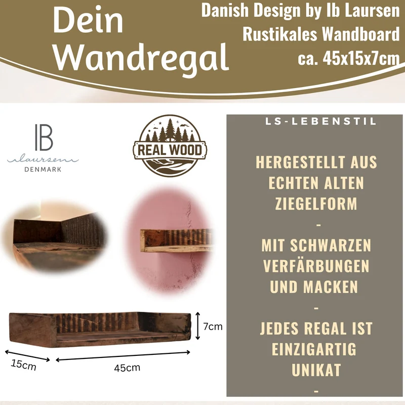 IB Laursen Holz Ziegelform Wandregal 45cm Braun Küchenregal Bücherregal Wandboard