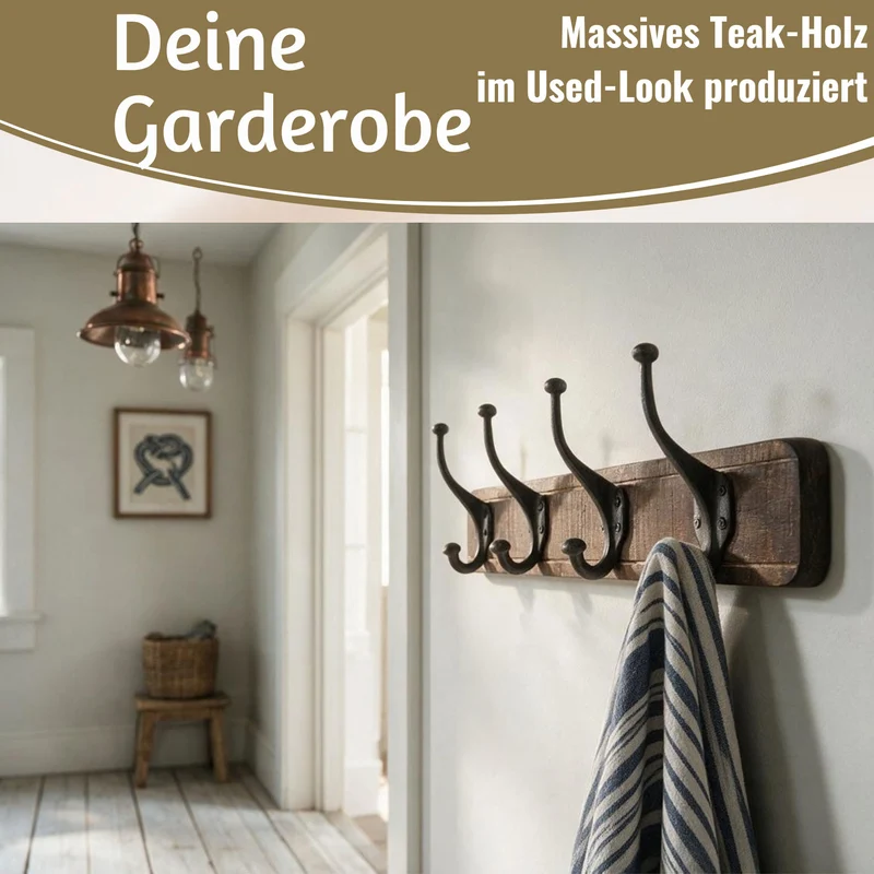 Vintage Teak Holz Wandgarderobe 60cm 4/8 Haken Jackenhalter Braun Garderobenleiste