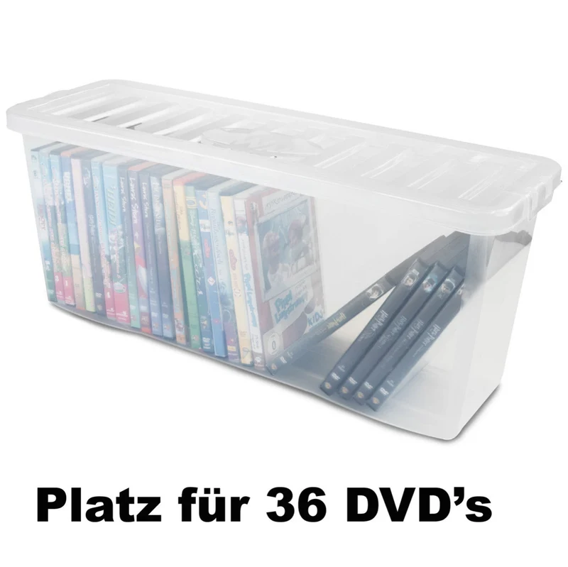 AUFBEWAHRUNGSBOX - für 36 DVDs - Aufbewahrungsbox mit Deckel 1 Stück - 60x20x25cm - transparent klar - stapelbar - Kunststoff Box Stapelkiste Unterbettkommode Büro