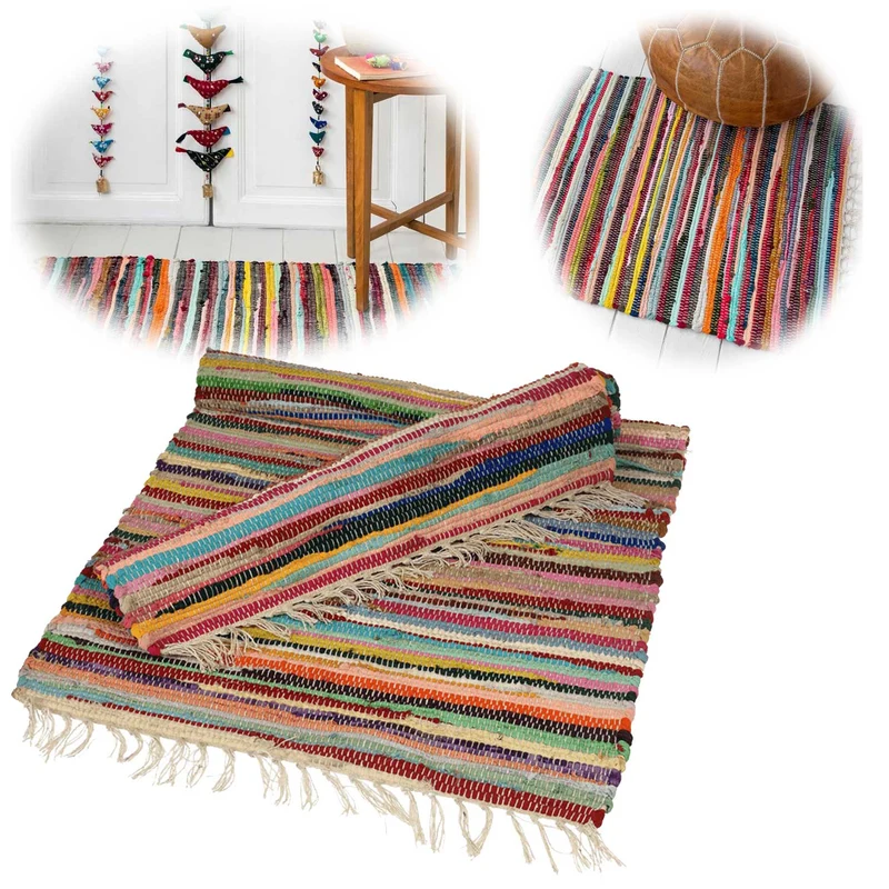 Fleckerlteppich Dehli 90x60cm Bunt Regenbogen Baumwolle Boho Flickenteppich Fransen