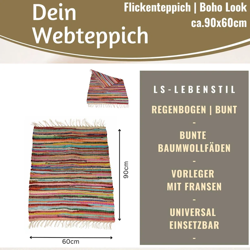 Fleckerlteppich Dehli 90x60cm Bunt Regenbogen Baumwolle Boho Flickenteppich Fransen