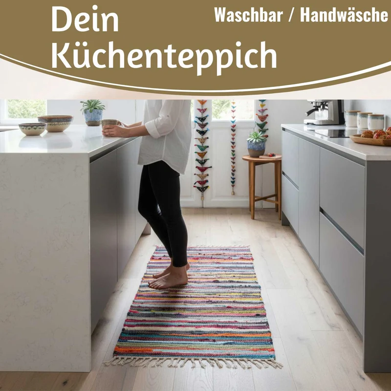 Fleckerlteppich Dehli 90x60cm Bunt Regenbogen Baumwolle Boho Flickenteppich Fransen