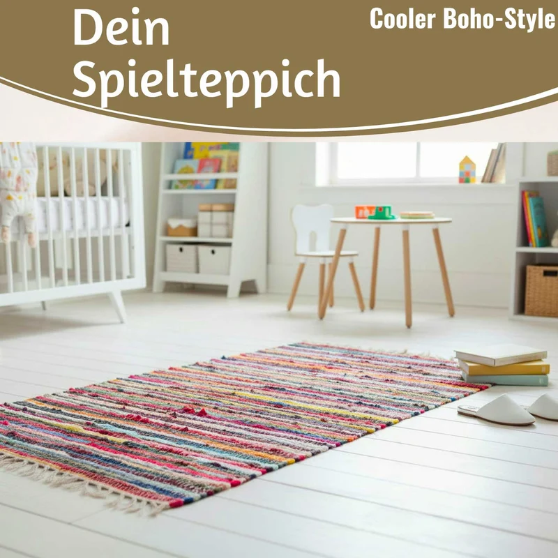Fleckerlteppich Dehli 90x60cm Bunt Regenbogen Baumwolle Boho Flickenteppich Fransen