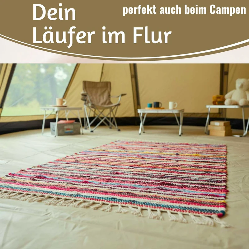 Fleckerlteppich Dehli 90x60cm Bunt Regenbogen Baumwolle Boho Flickenteppich Fransen