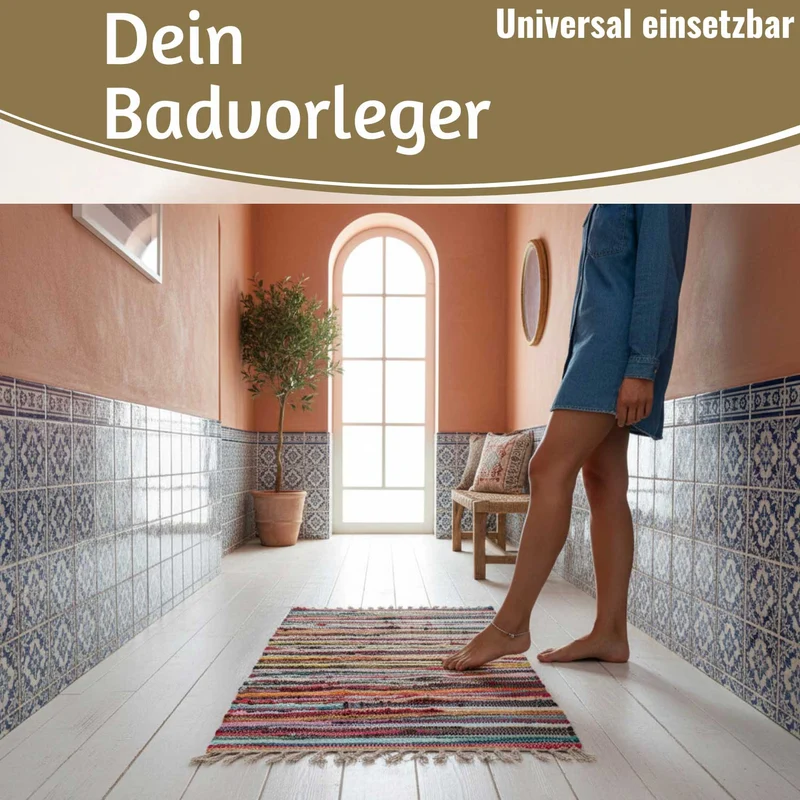 Fleckerlteppich Dehli 90x60cm Bunt Regenbogen Baumwolle Boho Flickenteppich Fransen