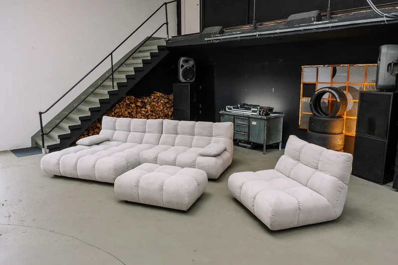 KAWOLA Sitzgruppe VIVIEN Ecksofa Drehsessel Hockerbank Feincord silber