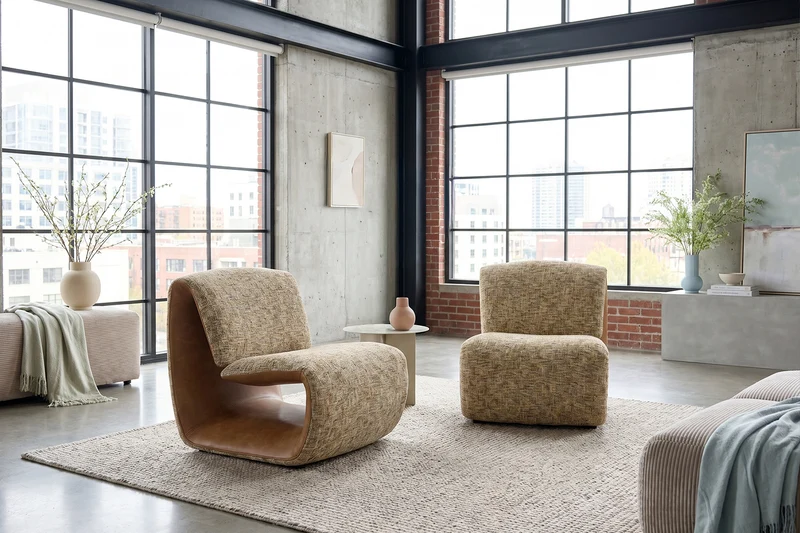 KAWOLA Sessel HAZEL Loungesessel Stoff multi beige / Kunstleder braun
