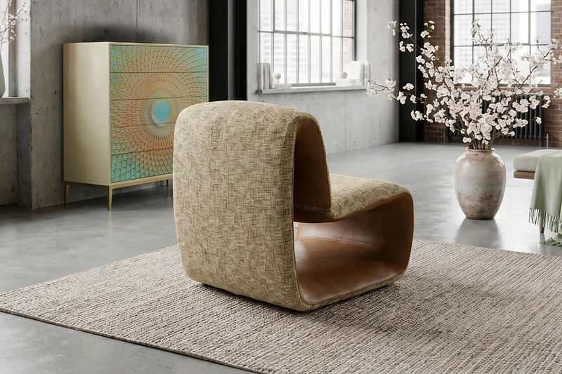 KAWOLA Sessel HAZEL Loungesessel Stoff multi beige / Kunstleder braun