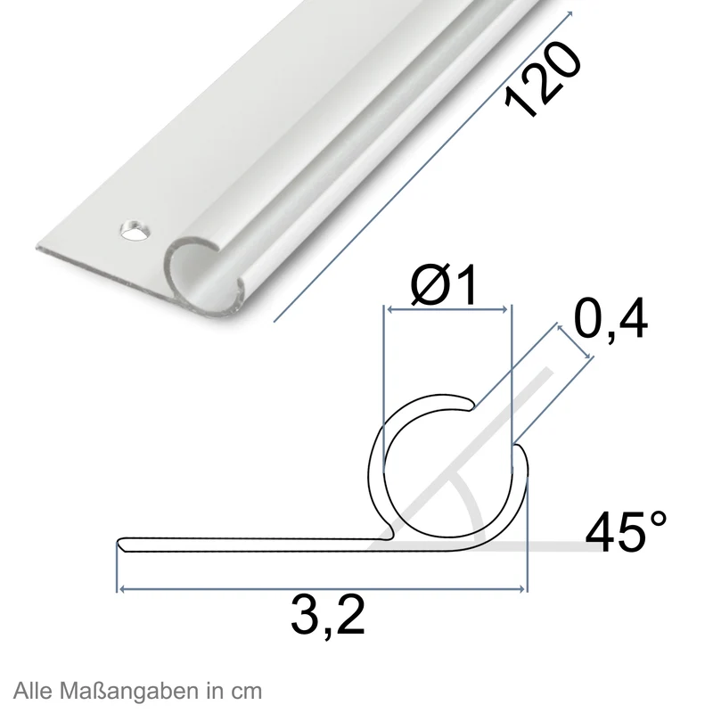 Alu Kederschiene - 1,2 Meter - Neigung 45° - Ø10mm (passend für 7-9mm Keder) - Kederleiste Aluminium Leiste für Wohnwagen Wohnmobil Reisemobil Vorzeltschiene - silber