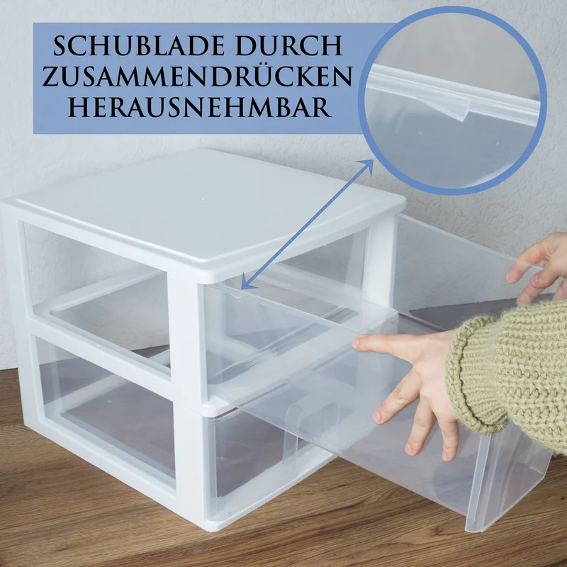 Schubladenbox großen Schubladen 38x37 cm - weiss-transparent Kunststoff Drawer Tower Box Organizer für Schreibtisch Easy-Pull-System