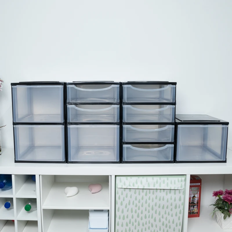Schubladenbox DIN A4 mit transparenten Schubladen 34,5x26 cm weiss- Kunststoff Drawer Tower Box Organizer für Schreibtisch Easy-Pull-System