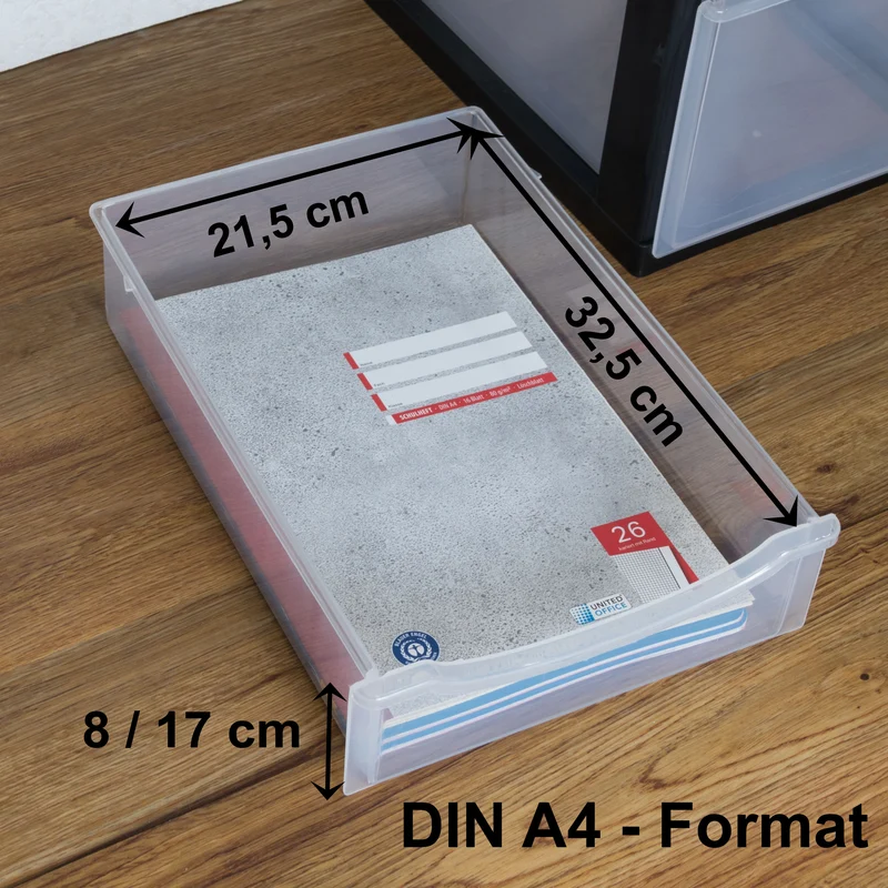 Schubladenbox DIN A4 mit transparenten Schubladen 34,5x26 cm weiss- Kunststoff Drawer Tower Box Organizer für Schreibtisch Easy-Pull-System