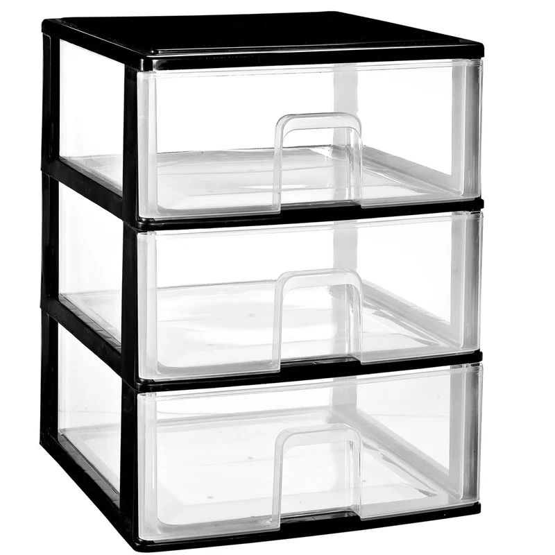Schubladenbox großen Schubladen 38x37 cm - schwarz-transparent Kunststoff Drawer Tower Box Organizer für Schreibtisch Easy-Pull-System