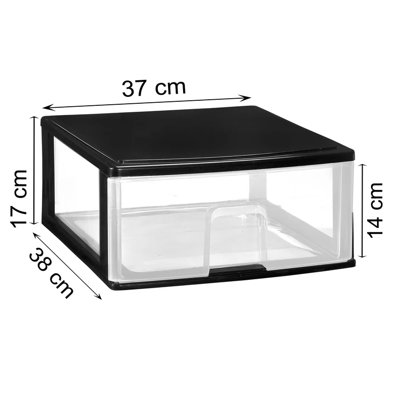 Schubladenbox großen Schubladen 38x37 cm - schwarz-transparent Kunststoff Drawer Tower Box Organizer für Schreibtisch Easy-Pull-System