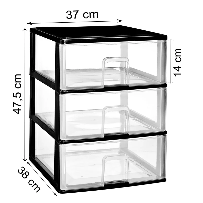 Schubladenbox großen Schubladen 38x37 cm - schwarz-transparent Kunststoff Drawer Tower Box Organizer für Schreibtisch Easy-Pull-System