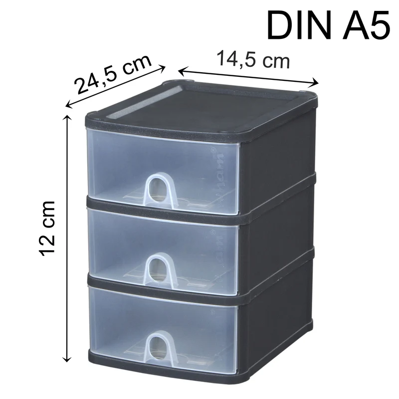 Schubladenbox DIN A5 mit 3 Schubladen 25x20x29 cm - schwarz-transparent Kunststoff Drawer Tower Box Organizer für Schreibtisch Easy-Pull-System