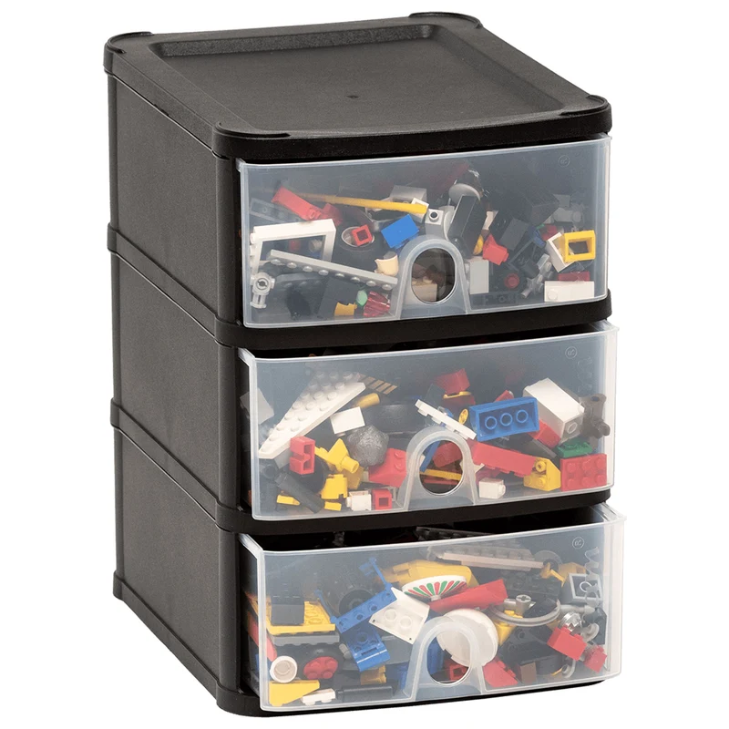 Schubladenbox DIN A5 mit 3 Schubladen 25x20x29 cm - schwarz-transparent Kunststoff Drawer Tower Box Organizer für Schreibtisch Easy-Pull-System