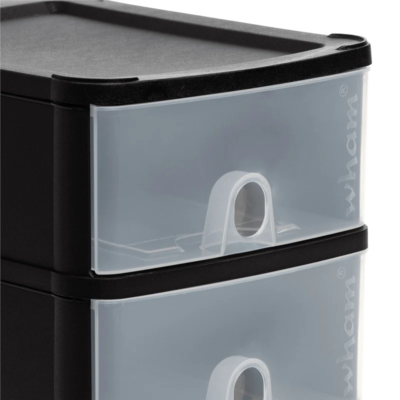 Schubladenbox DIN A5 mit 3 Schubladen 25x20x29 cm - schwarz-transparent Kunststoff Drawer Tower Box Organizer für Schreibtisch Easy-Pull-System
