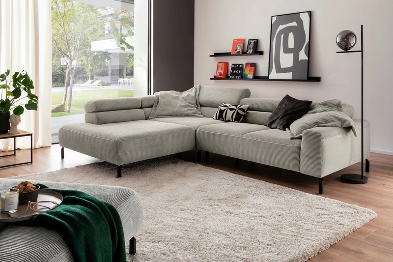 KAWOLA Sofa DELIA Ecksofa Cord steingrau