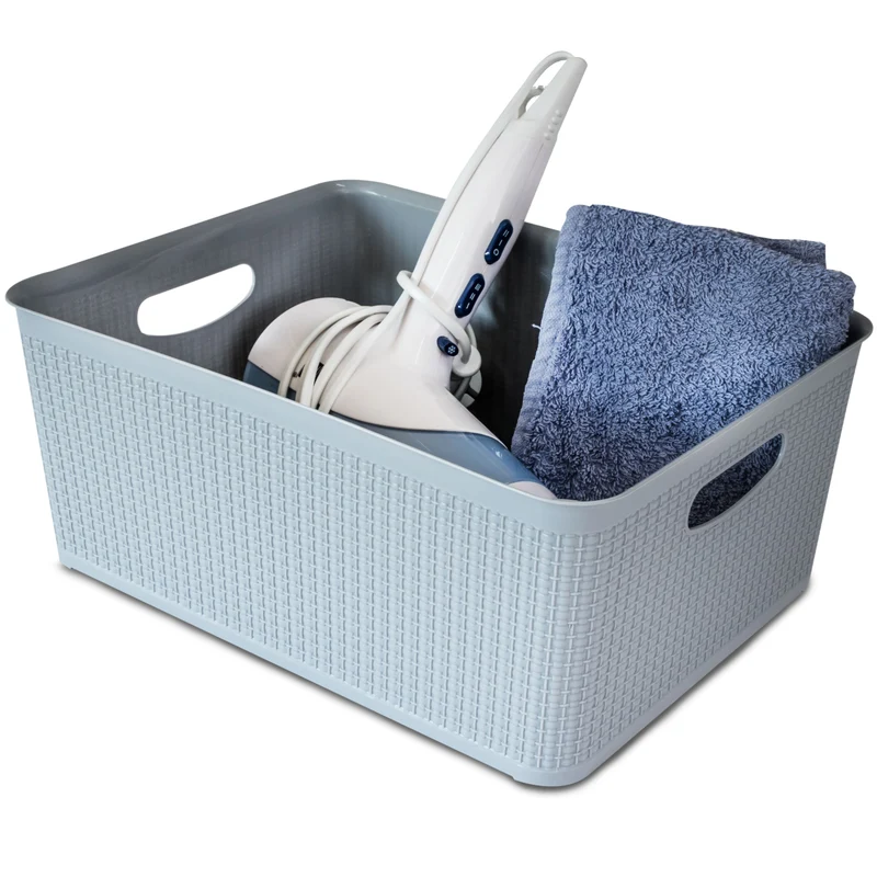Ordnungsbox-Set WEIß-GRAU-ANTHRAZIT - 33x26x13cm - 10 Liter - DINA4 - Rattanoptik Schubladenorganizer Ordnungskorb Schublade - Organizerbox Ordnungssystem Kunststoff Aufbewahrung Bad Korb Schrank Schreibtisch