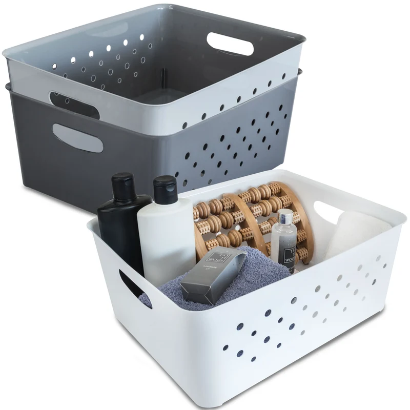 Ordnungsbox-Set WEIß-GRAU-ANTHRAZIT - 37x29x15cm - 14 Liter - Schubladenorganizer Ordnungskorb Schublade - Organizerbox Ordnungssystem Kunststoff Aufbewahrung Bad Korb Schrank Schreibtisch3631+3632 - Great Plastic Ordnungsbox mit Lochmuster Weiss 14L