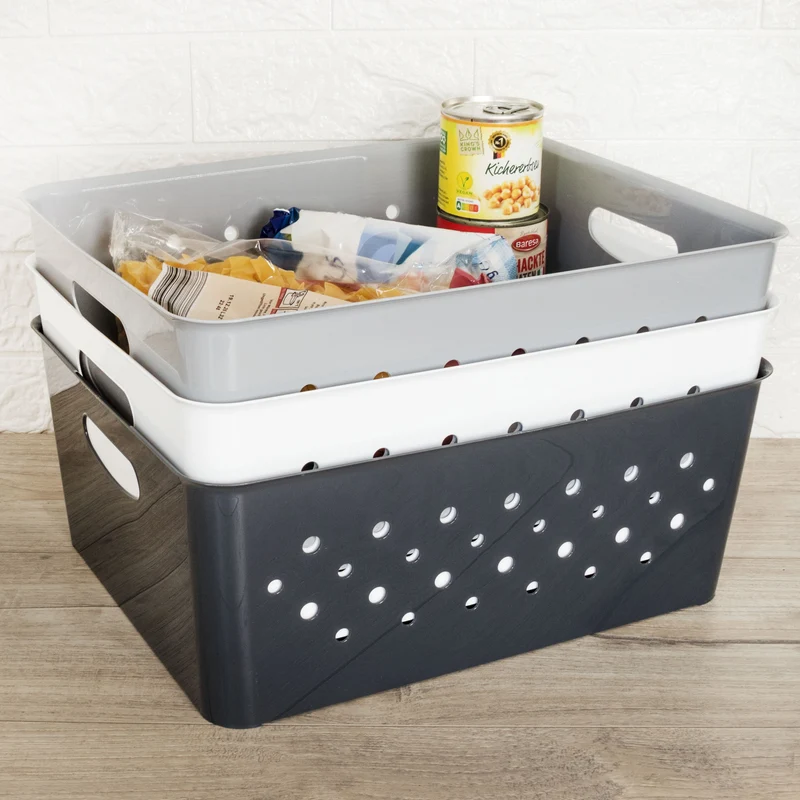 Ordnungsbox-Set WEIß-GRAU-ANTHRAZIT - 37x29x15cm - 14 Liter - Schubladenorganizer Ordnungskorb Schublade - Organizerbox Ordnungssystem Kunststoff Aufbewahrung Bad Korb Schrank Schreibtisch3631+3632 - Great Plastic Ordnungsbox mit Lochmuster Weiss 14L