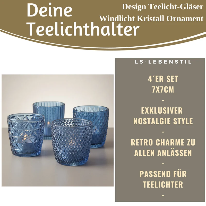 4´er Set Glas Teelichthalter Retro Blau 7cm Teelichtglas Windlicht-Halter