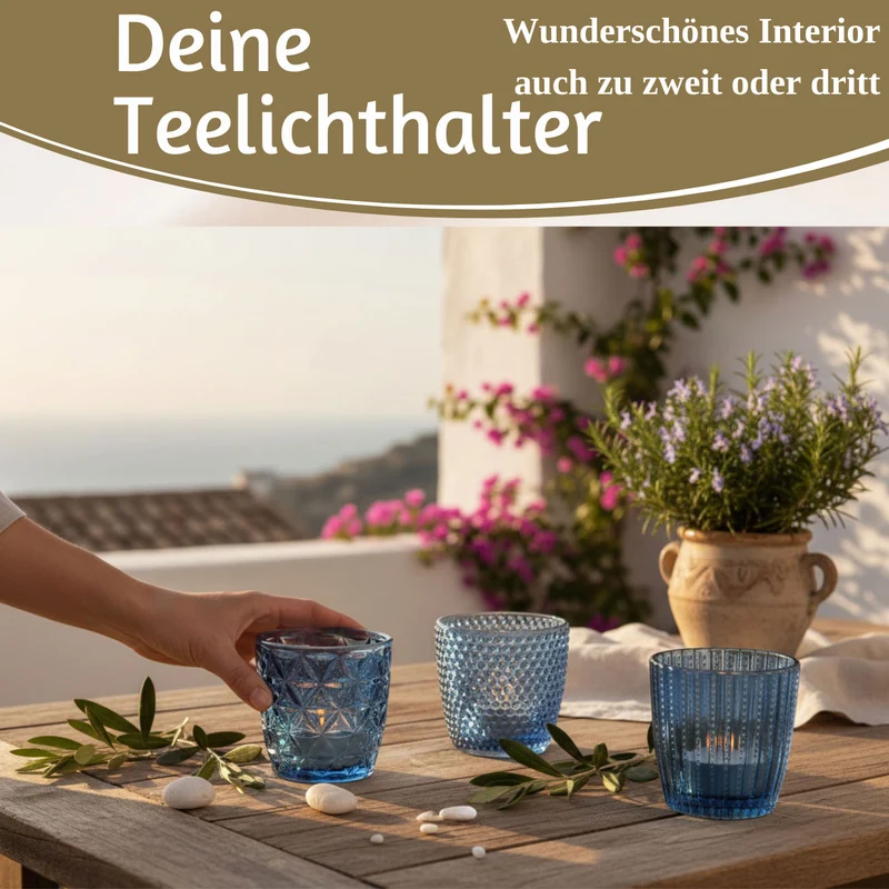 4´er Set Glas Teelichthalter Retro Blau 7cm Teelichtglas Windlicht-Halter