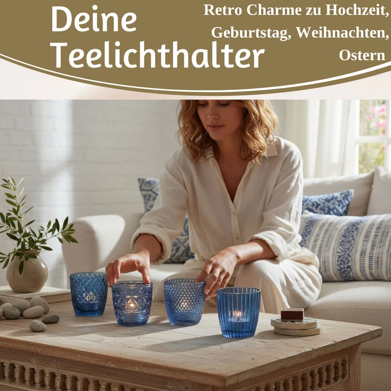 4´er Set Glas Teelichthalter Retro Blau 7cm Teelichtglas Windlicht-Halter