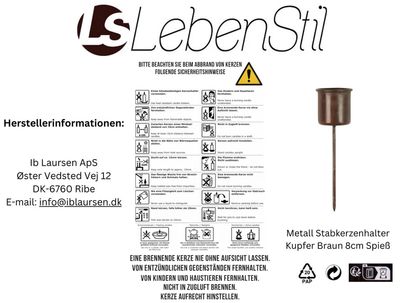 IB Laursen Metall Stabkerzenhalter Kupfer Braun 8cm Spieß Kerzenständer Kerzenstecker