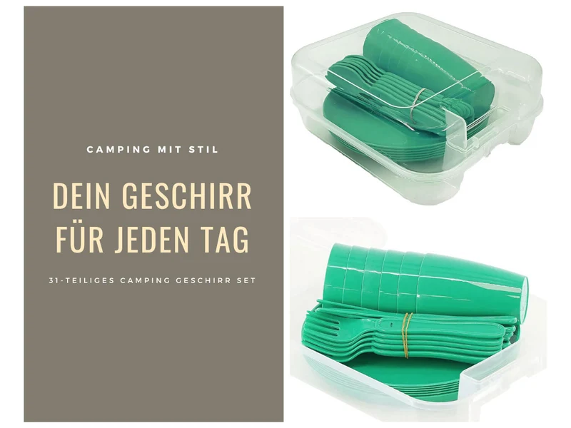31-teiliges Picknick-Set Grün Geschirr Picknickkorb Mehrweggeschirr 6 Personen