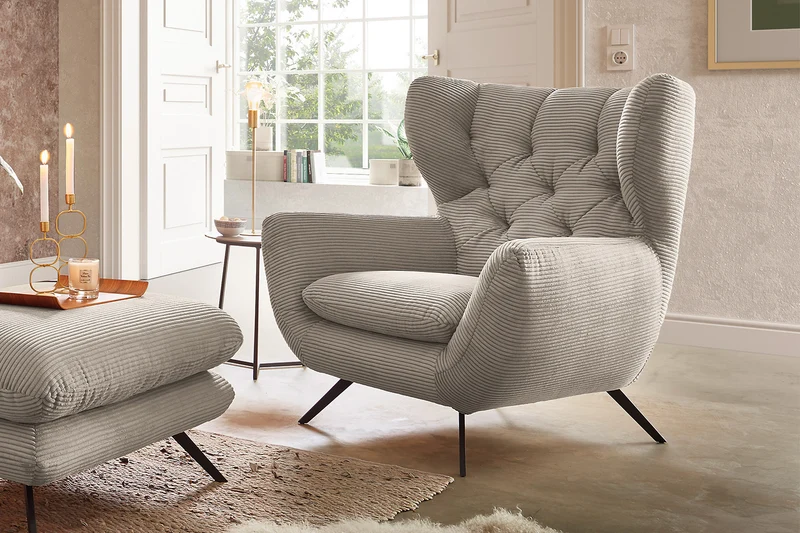 KAWOLA Sessel CHARME Hochlehnsessel Cord steingrau
