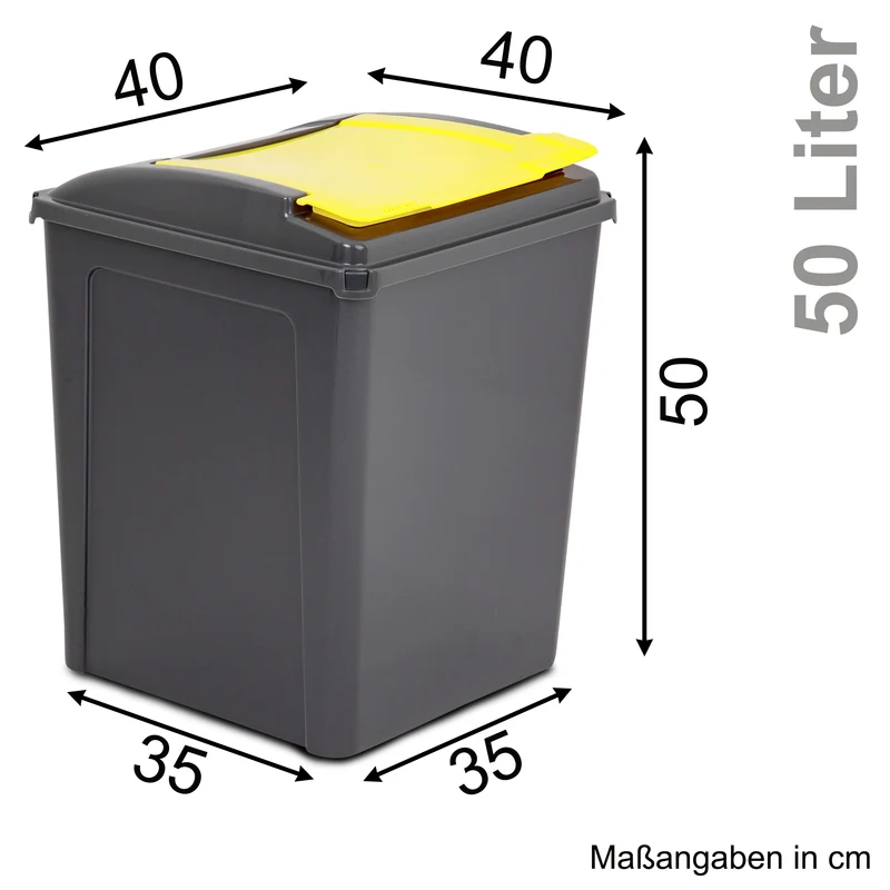 50 Liter Mülltonne Schwarz Recyclingtonne 40x40x50cm mit abnehmbarem Klappdeckel - Küche Mistkübel Trash Bin Gelber Sack Groß Küchenabfalleimer Papiermülleimer