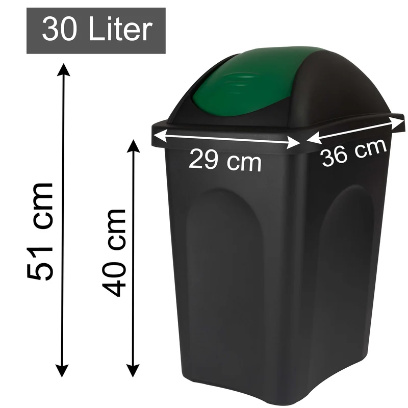 2x Mülleimer 30 Liter schwarz mit farbigem Schwingdeckel 29x36x51 cm Küche eckig Mülltonne, Abfalleimer Küche, Mistkübel, Trash Bin, Küchenabfalleimer, Papiermülleimer