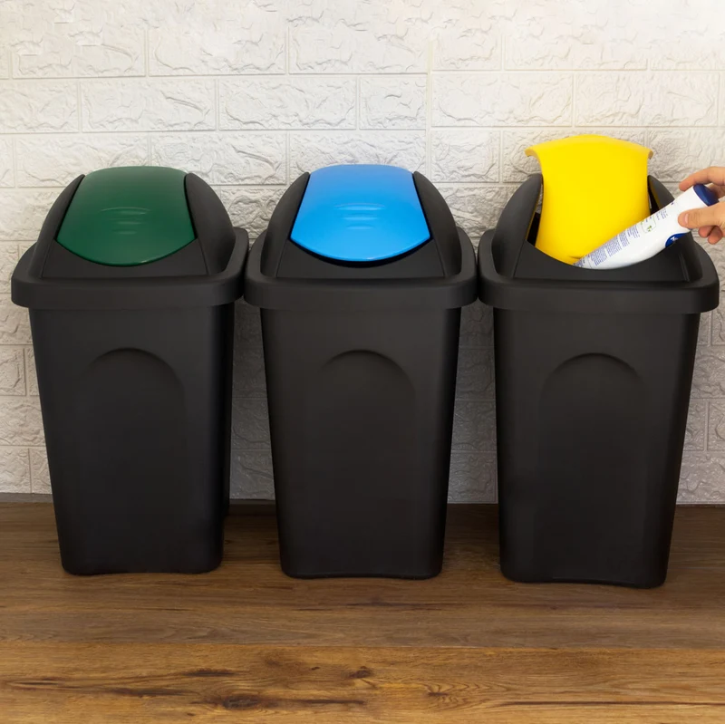 3x Mülleimer 30 Liter schwarz mit farbigem Schwingdeckel 29x36x51 cm Mülleimer Küche eckig Mülltonne, Abfalleimer Küche, Mistkübel, Trash Bin, Gelber Sack Küchenabfalleimer, Papiermülleimer