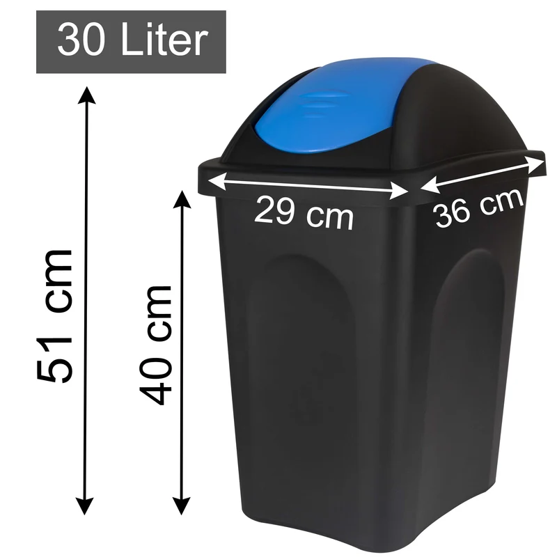 3x Mülleimer 30 Liter schwarz mit farbigem Schwingdeckel 29x36x51 cm Mülleimer Küche eckig Mülltonne, Abfalleimer Küche, Mistkübel, Trash Bin, Gelber Sack Küchenabfalleimer, Papiermülleimer