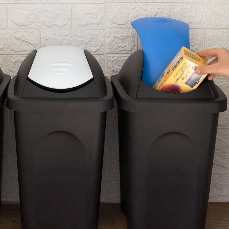 3x Mülleimer 30 Liter schwarz mit farbigem Schwingdeckel 29x36x51 cm Mülleimer Küche eckig Mülltonne, Abfalleimer Küche, Mistkübel, Trash Bin, Gelber Sack Küchenabfalleimer, Papiermülleimer