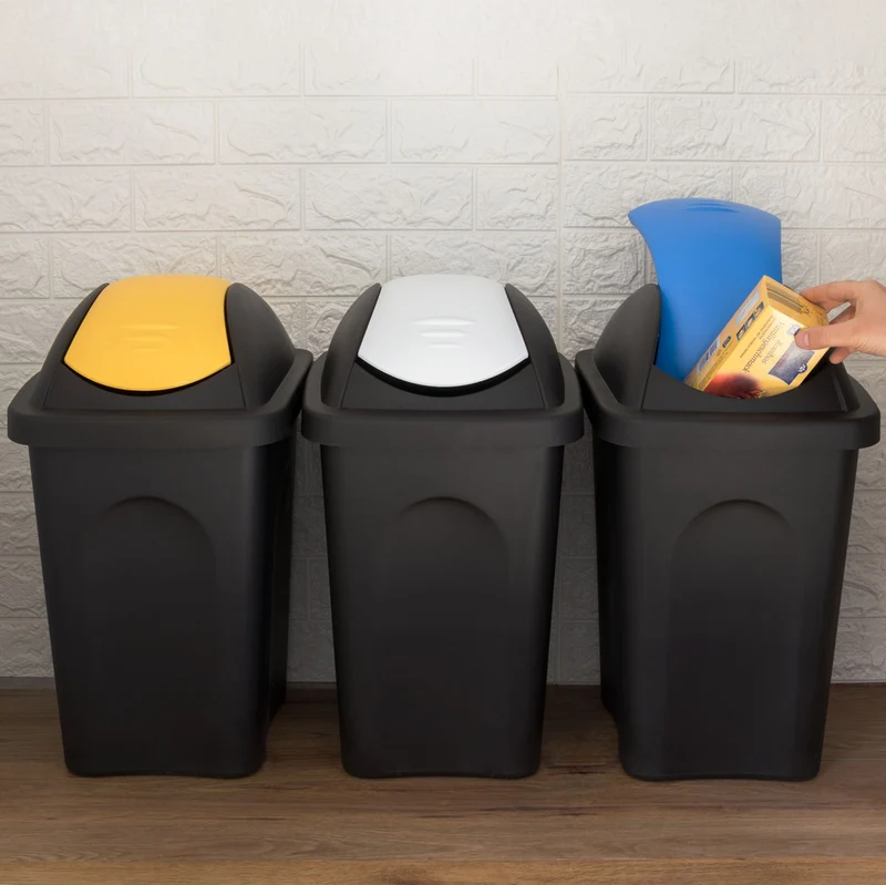 3x Mülleimer 30 Liter schwarz mit farbigem Schwingdeckel 29x36x51 cm Mülleimer Küche eckig Mülltonne, Abfalleimer Küche, Mistkübel, Trash Bin, Gelber Sack Küchenabfalleimer, Papiermülleimer