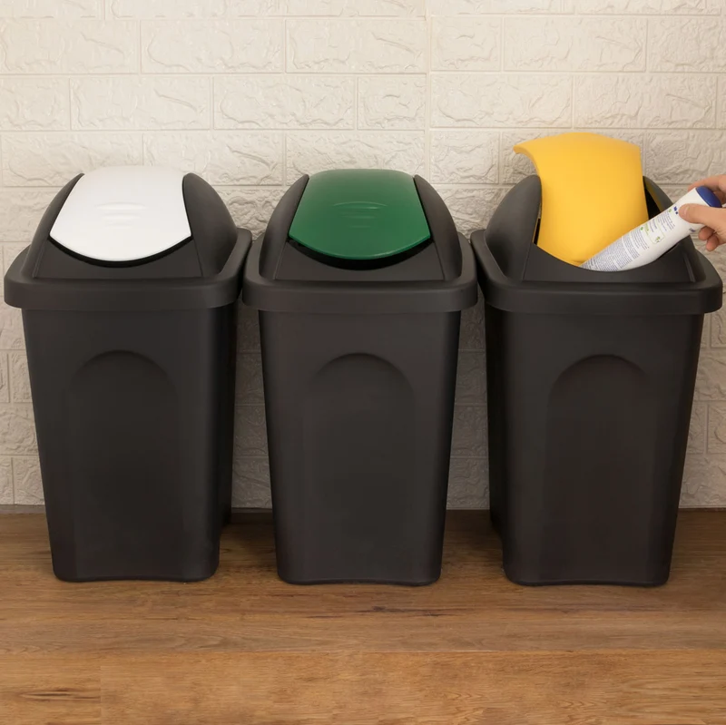 3x Mülleimer 30 Liter schwarz mit farbigem Schwingdeckel 29x36x51 cm Mülleimer Küche eckig Mülltonne, Abfalleimer Küche, Mistkübel, Trash Bin, Gelber Sack Küchenabfalleimer, Papiermülleimer