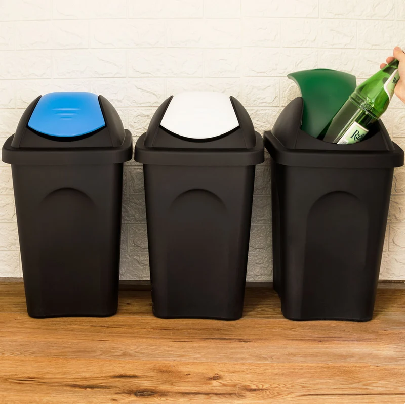 3x Mülleimer 30 Liter schwarz mit farbigem Schwingdeckel 29x36x51 cm Mülleimer Küche eckig Mülltonne, Abfalleimer Küche, Mistkübel, Trash Bin, Gelber Sack Küchenabfalleimer, Papiermülleimer