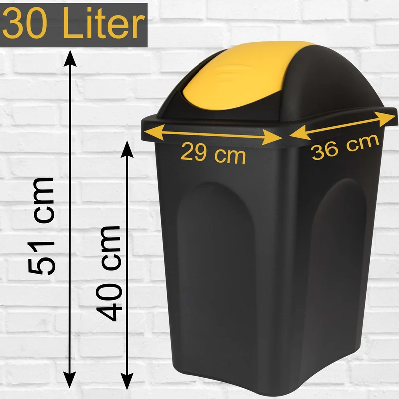 Mülleimer 30 Liter schwarz mit farbigem Schwingdeckel 29x36x51 cm Mülleimer Küche eckig Mülltonne, Abfalleimer Küche, Mistkübel, Trash Bin, Gelber Sack Mülleimer Deckel