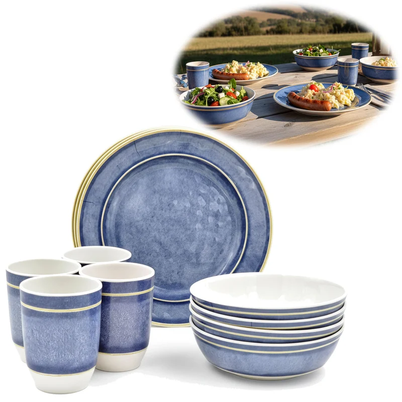 Camping-Geschirr Set 12-teilig Maritim Blau Weiß 4 Personen Picknick