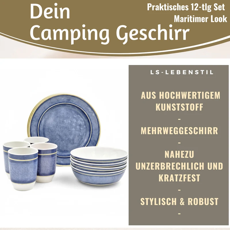 Camping-Geschirr Set 12-teilig Maritim Blau Weiß 4 Personen Picknick